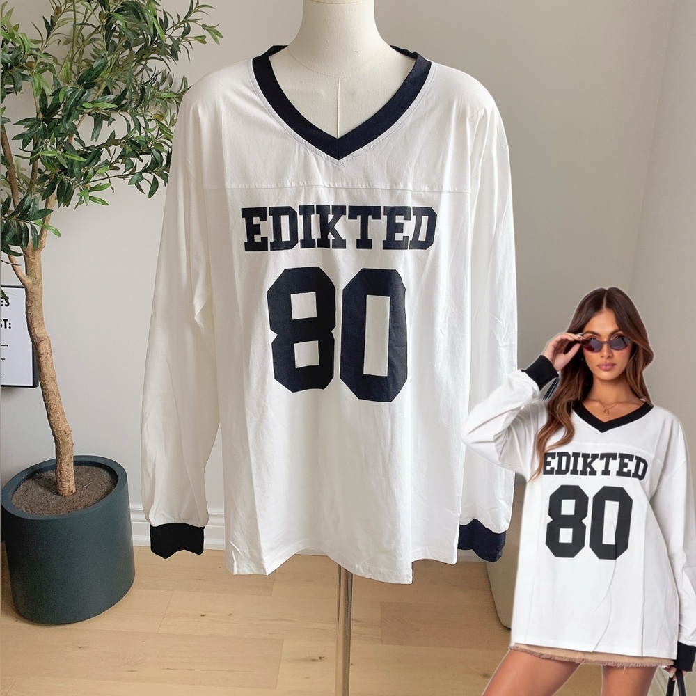 Edikted Oversized Jersey Top White Graphic 80 V Neck Size L